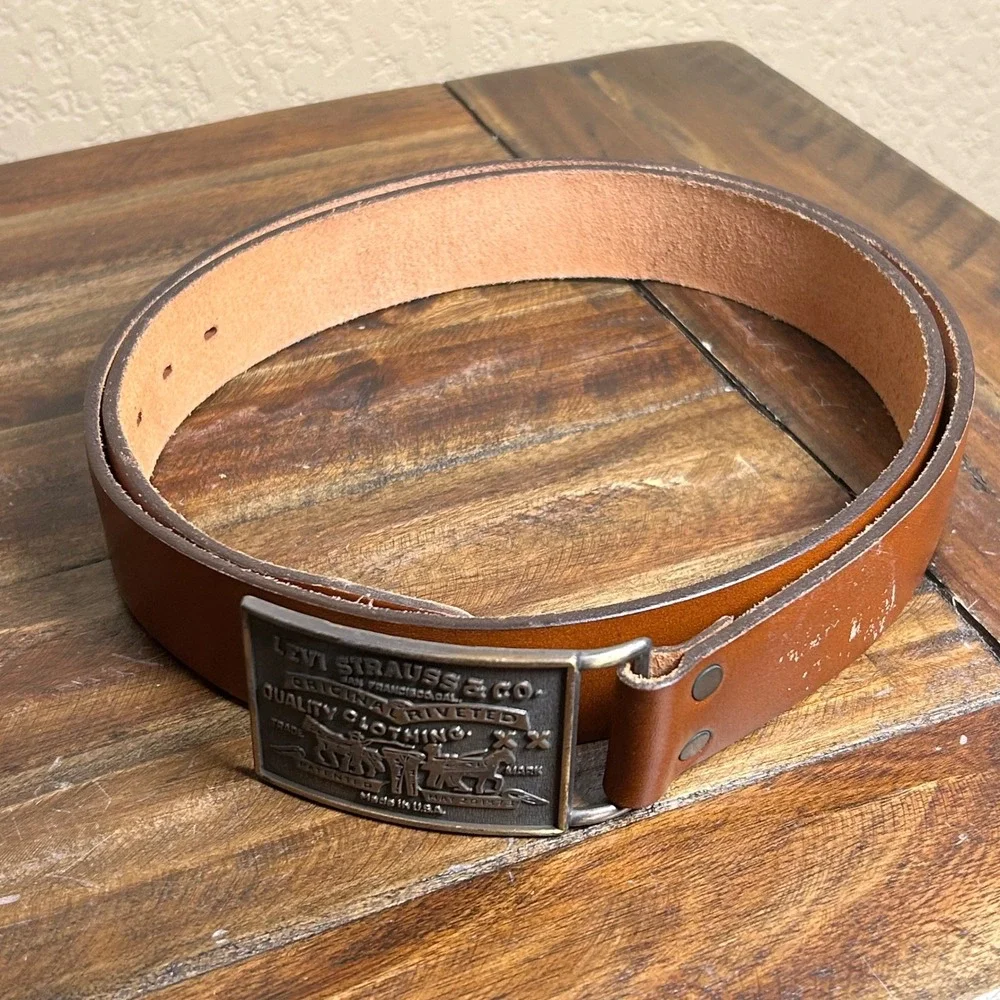 Vintage Levi‎ Strauss Leather Belt w/ Horse Buckle – USA Made, Size 48